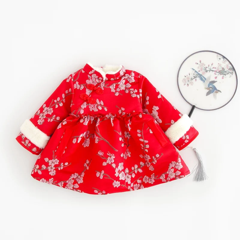 Зимнее платье для девочек; теплое детское платье принцессы; Cheongsam Qipao; бархатное платье с вышивкой для маленьких детей; Новогодняя одежда; платья; S10387