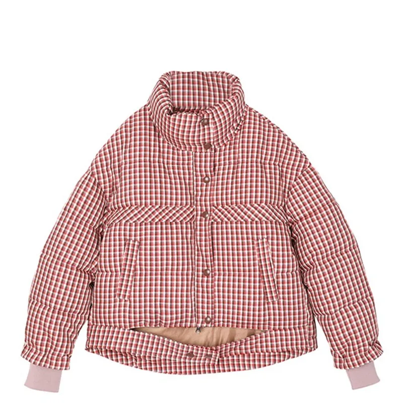 

Winter New Down Cotton Jacket Stand Collar Long Sleeve Korean Button Pockets Short Coat Red Plaid Thick Fashion Outwear Female