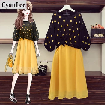 

Cyanlee 2020 Summer Plus Size Casual Two Piece Set Knitted Loose Black Dot Tops Ropa Mujer Yellow V-neck Loose Chiffon Dress Set
