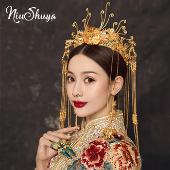 

NiuShuya New Bride's Gold Crown Chinese Phoenix Coronet Peacock Hair Ornament Cheongsam Dress Hair Tiara Accessories