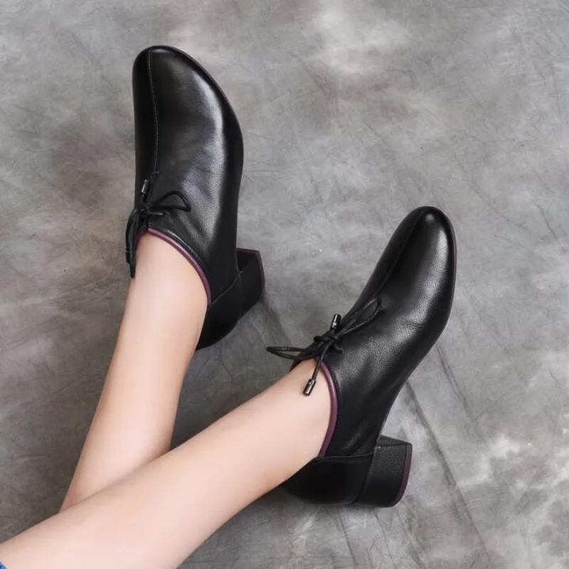 

2020 Spring new brand genuine leather women heels shoes girls Round toe fashion low heel shoes woman work shoes