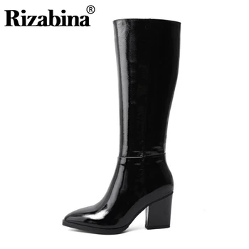 

RIZABINA Women Knee High Boots Genuine Leather Long Boots Pointed Toe Zipper High Heel Shoes Winter Women Footwear Size 34-39