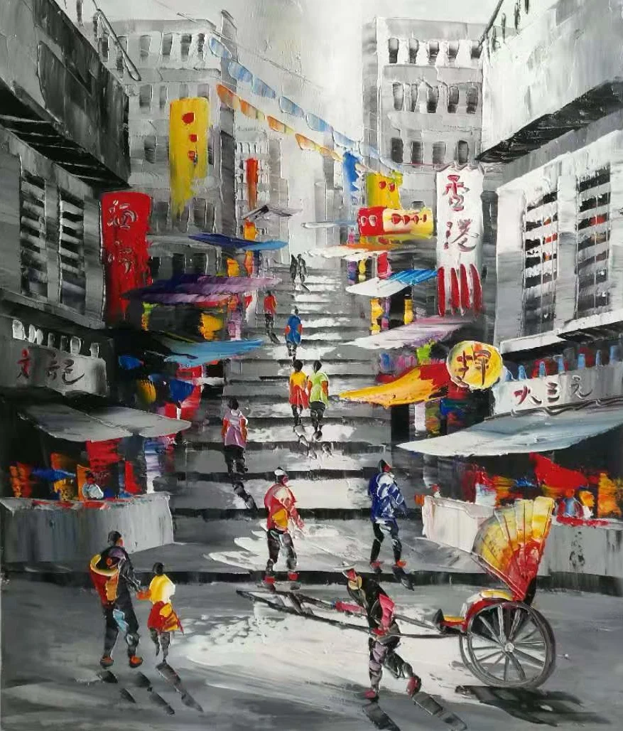 100Hand Painted Canvas Knife Oil Painting Abstract Hong Kong Trams