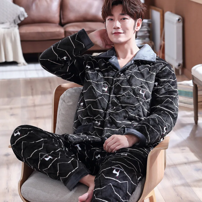 

Men Pajamas Winter Coral Velvet Three Layer Thick Quilted plus Velvet Autumn And Winter Cardigan Flannel Tracksuit 8888