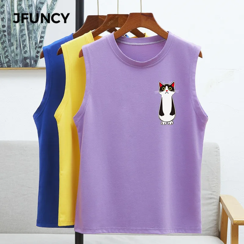 

JFUNCY 8 Colors Plus Size 2020 Summer Women Vest Tops Sleeveless Woman T-shirt Dull Cat Printing Korean Oversize Female T Shirt