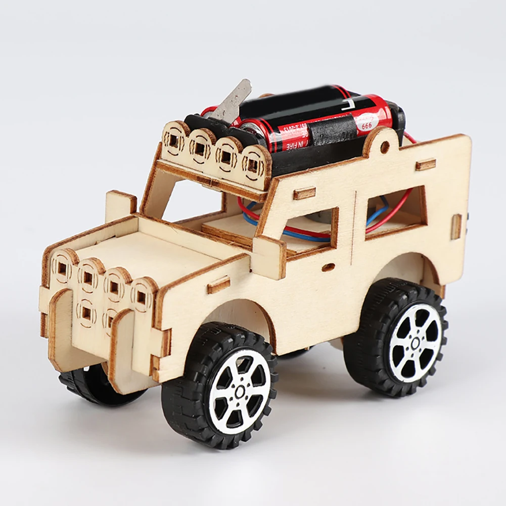 DIY Wood Electric Jeep Car Assembled Scientific painted exercise children's hands-on ability Experiment Kids Education Toys