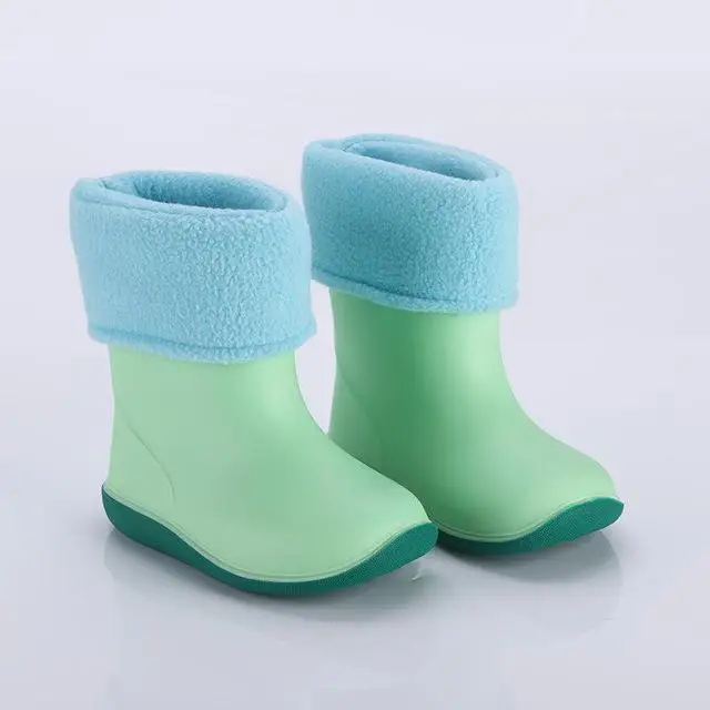 Непромокаемые сапоги; Нескользящие резиновые сапоги для мальчиков; Водонепроницаемая Обувь для маленьких девочек; теплые детские резиновые сапоги; всесезонные съемные сапоги - Цвет: Green cotton