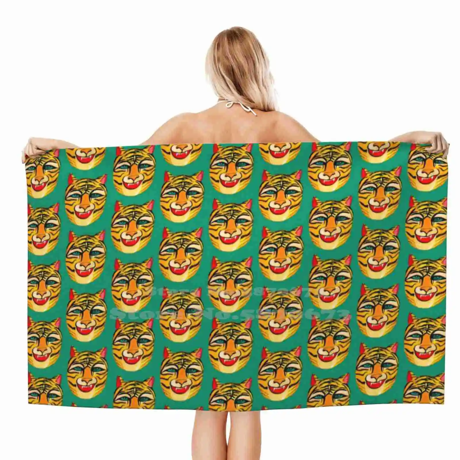 Laughing Tiger On Green 3D Print Towel Sport Soft Cat Meow Roar Cheetah Leopard Animals Animal Nature Watercolor |