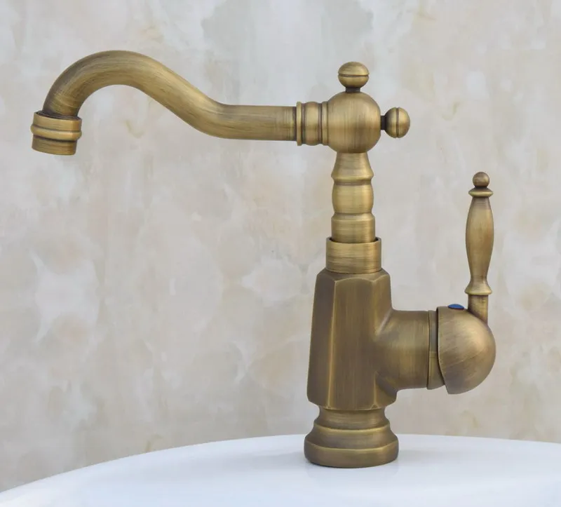 

Vintage Retro Antique Brass Kitchen Wet Bar Bathroom Vessel Sink Faucet Swivel Spout Mixer Tap Single Hole One Handle mnf249