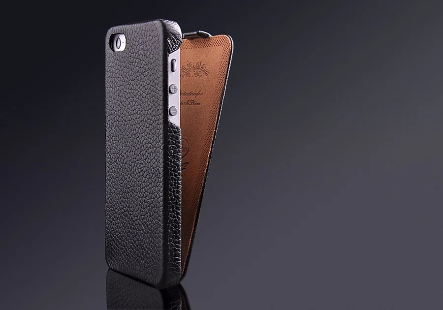 Premium Genuine Leather Vertical Flip Case with Screen Protector - Litchi Texture