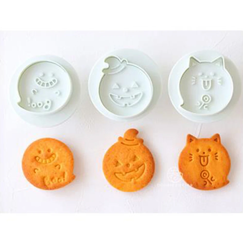 

3Pcs Halloween Mold Pumpkin Owl Ghost Bear Cat Pattern Biscuit Mold Embossing Cutting Stamp Mold Fondant Craft DIY Cookie Mold