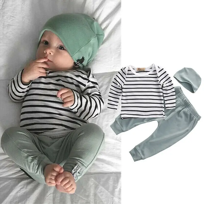 

Newborn Baby Boy Infant Striped Long Sleeve Tops Pants Hat 3pcs Outfits Set Causal Clothing 3pcs