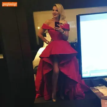 

Vintage Boho Red Prom Dresses High Low Off Shoulder Satin Knee Length Formal Party Dress Beach Custom Made Banquet Evening Gown