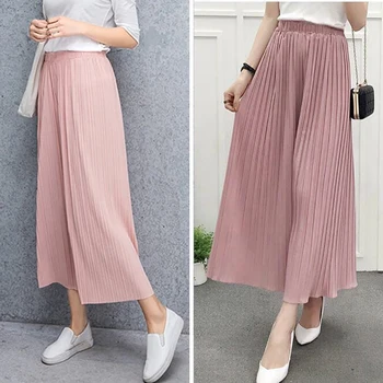 

Women Wide Leg Pants Solid Color Loose Pleated Pants Elastic Mid-Waist Tie Straight Casual Female Long Pants W3