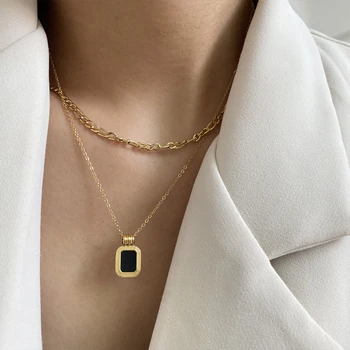 Peri'sBox Double Layered Square Black Shell Necklaces Flat Figaro Chain Necklaces for Women Vintage Titanium Steel Necklace