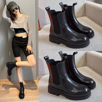 

DM475 Martin boots women 2020 Autumn Winter Mid-Calf thick-soled Chelsea round toe warm women's smoke tube boots Botas Mujer