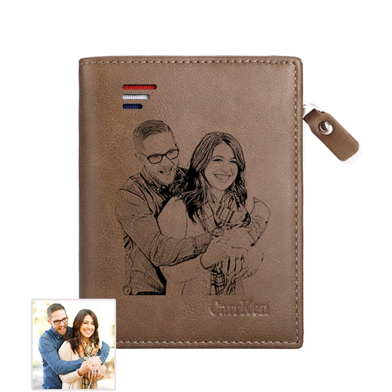 

Мужской короткий бумажник из искусственной кожи, с карманом на молнии, персонализированная фотография, выгравированный на заказ, винтажный воск, масло, RFID блокирующий бумажник, мужские подарки