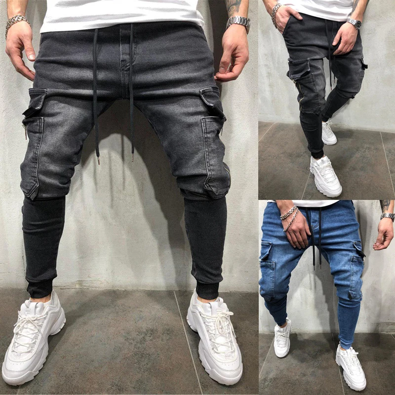 Однотонные мужские джинсовые брюки карго, джинсы в стиле хип-хоп с боковыми карманами Карго, обтягивающие джинсы, мужские облегающие модные длинные штаны, трендовые