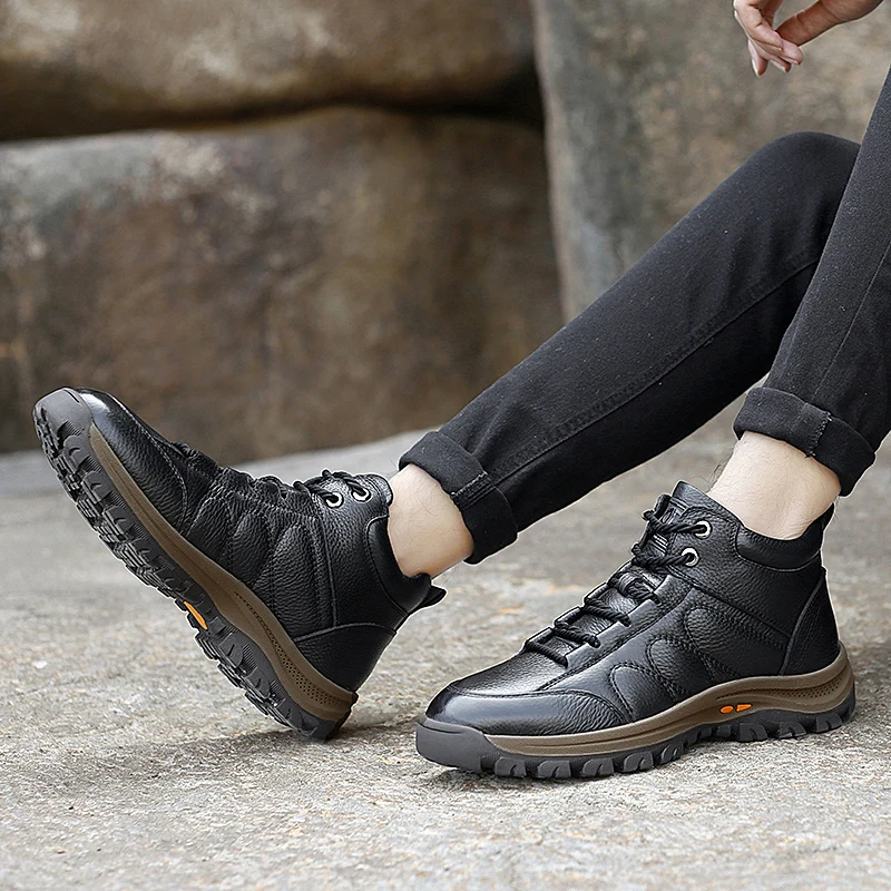 Genuine Leather Boots Men Ankle Men Winter Shoes Warm Fur Outdoor Cotton Shoes High Quality Snow Boots Non-slip Male Thick wool