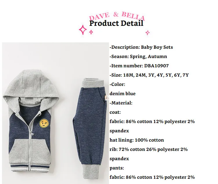 DBA10907 dave bella autumn baby boys active clothing sets long sleeve pants hooded suits children print clothes