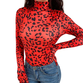 

Leopard Print Jumpsuits Crop Tops Long Sleeve Basic Tshirt with Gloves 2019 Autumn Winter Turtleneck Slim T Shirts