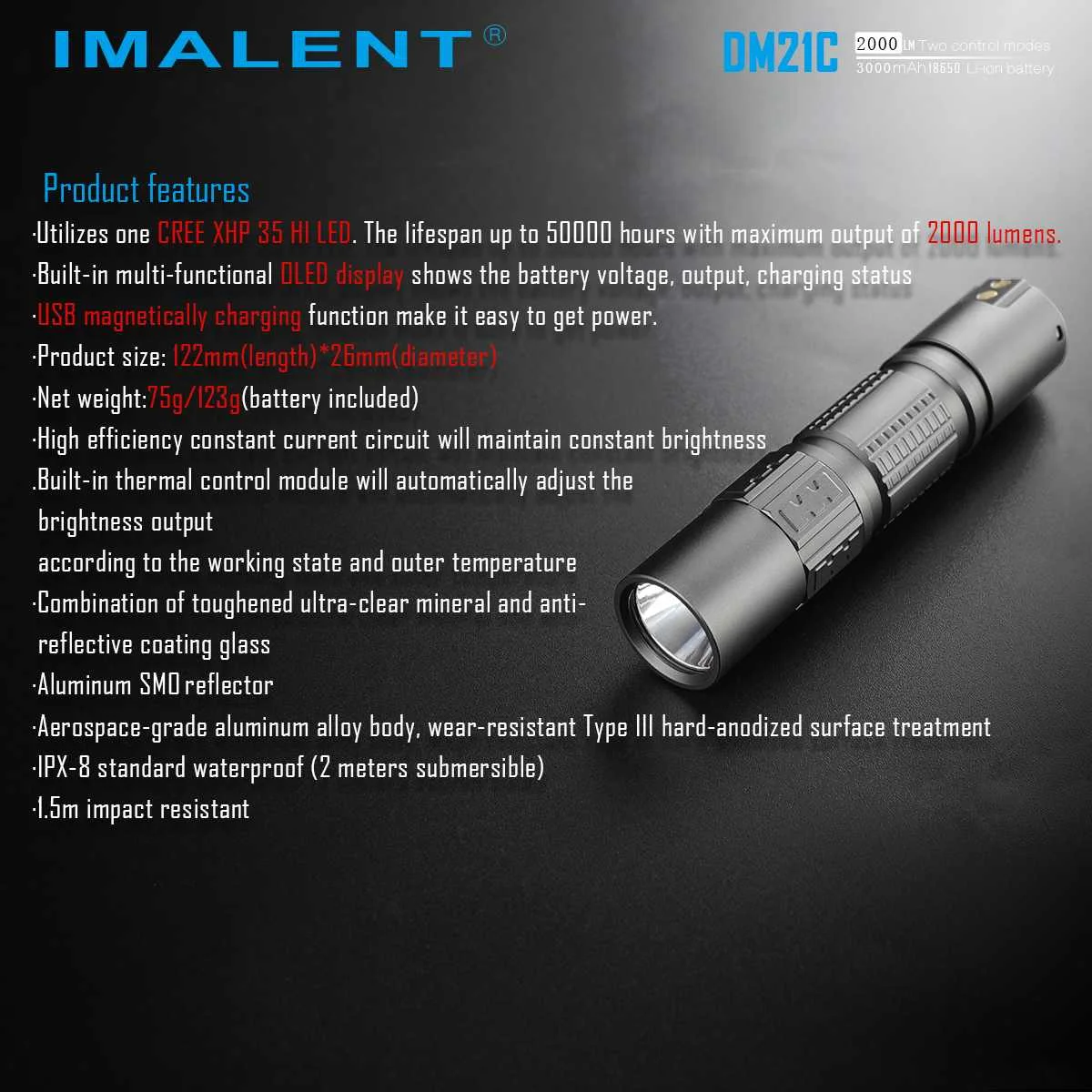 IMALENT DM21C светодиодный фонарик Cree XHP35 HI O светодиодный дисплей 2000лм мини тактический фонарь с Magetic USB+ 18650 аккумулятор