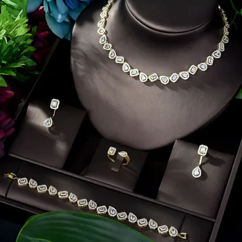 HIBRIDE Nigeria 4pcs Bridal Zirconia Jewelry Sets for Women Party, Luxury Dubai Nigeria CZ Crystal Wedding Jewelry Sets N-843