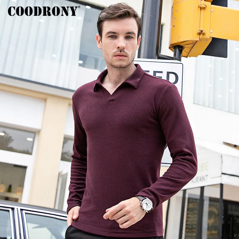Бургундия Бренд COODRONY, футболка с длинным рукавом для мужчин, хлопковая футболка, Homme, джемпер, модная повседневная футболка с отложным воротником, топы C5004 - Цвет: Бургундия
