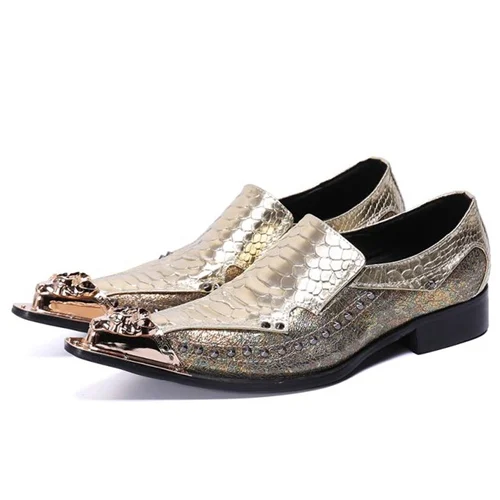 Men Gold Shoes Новинка; мужские каблуки с шипами и острым носком; обувь из натуральной кожи; парадная обувь; лоферы с заклепками из кожи аллигатора; Мужская Свадебная обувь на плоской подошве; SL870 - Цвет: Men Gold Shoes
