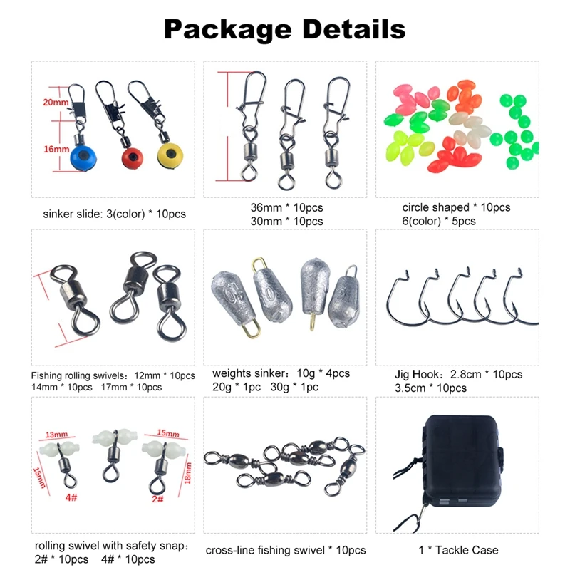 

177PCS Fishing Accessories Kit Set with Tackle Box Including Swivel Slides Ball Bearing Rolling Snap Barrel Jig Hook