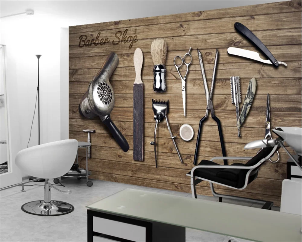 Custom 3d wallpaper mural retro wood board barber shop tools background wall background painting