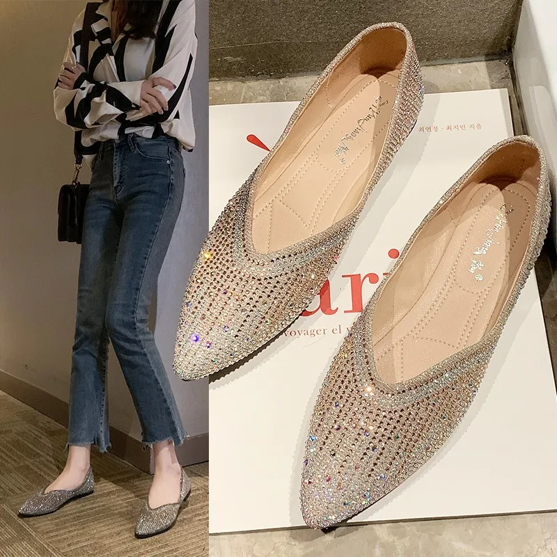 

Bling Bling New pointe single shoes women 2020 spring and summer shallow rhinestone single shoes soft sole flat casual shoes