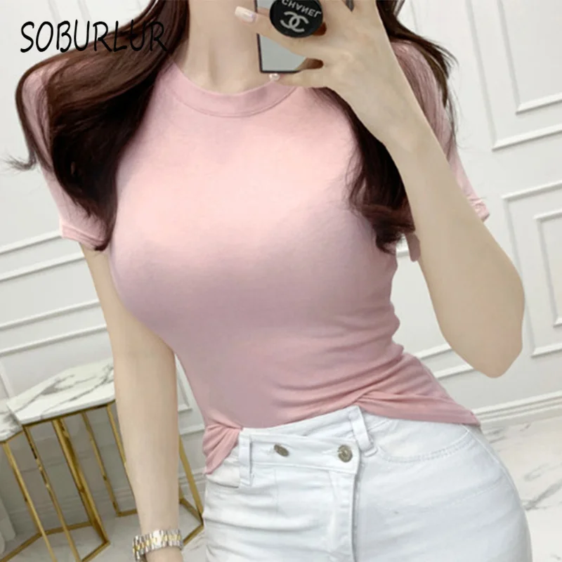 

SOBURLUR Casual Sexy Tunics Crop Top Woman Clothing O-neck Women's T-Shirts Short Sleeve BF Korean Style All-match Summer 2021