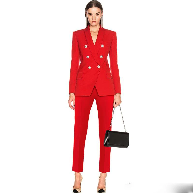 New Designer Classic Women Pant Suit Golden Button Double Breasted Blazer Coat Slim Pants Female Office Business Blazer