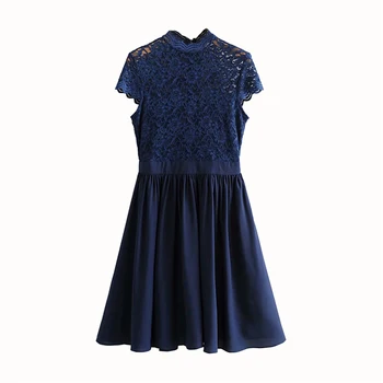 

Women retro Lace patchwork mini dress O neck short sleeve female casual A line dresses vestidos