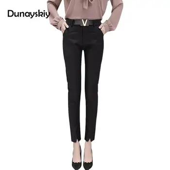 

Dunayskiy Spring Solid High Waist Skinny Slim Women Pants Casual OL Female Feet Open Fork Ankle-Length Pencil Pants Trousers