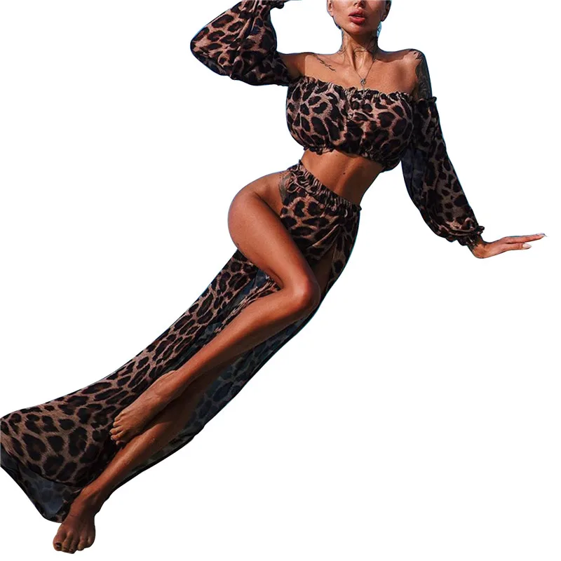 Women Beach 2pcs Leopard Bikini Cover-Ups Swimsuit Off Shoulder Top High Waist Beach Dresss Sexy Ladies Bikini Cover Up Beach cover Swimsuit cover Beach dress