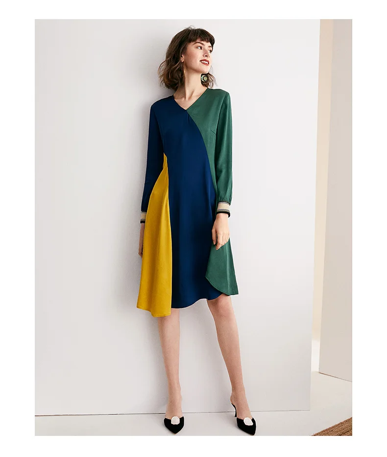 POKWAI women V-neck long sleeve dress acetate satin dresses | Женская одежда
