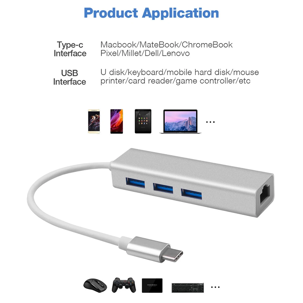 Keidu USB 3,0 концентратор type C для Ethernet сетевой адаптер 1000 Мбит/с RJ45 USB-C с 3 USB 3,0 портами USB разветвитель для MacBook Pro