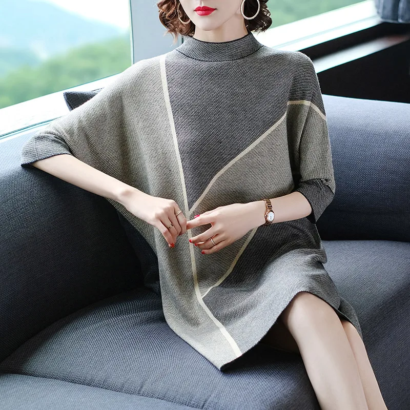 New Women's Autumn Winter Loose Sweater Dress Fashion Batwing Sleeve Mini Dress Round Neck Casual Knit Dress Female