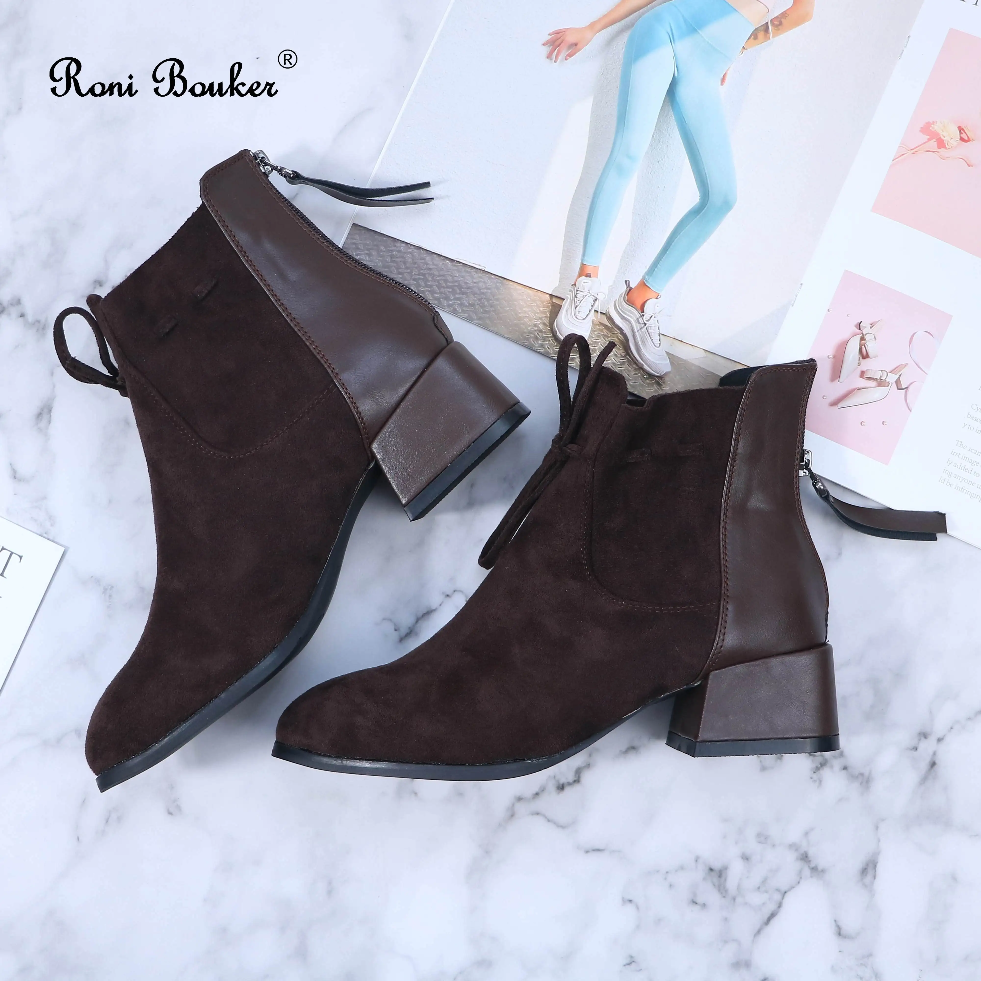 Roni Bouker/ г. Женские осенне-зимние ботинки на шнуровке, женские ботильоны с искусственным мехом женские ботинки из мягкой замши коричневого цвета размер 42, Прямая поставка