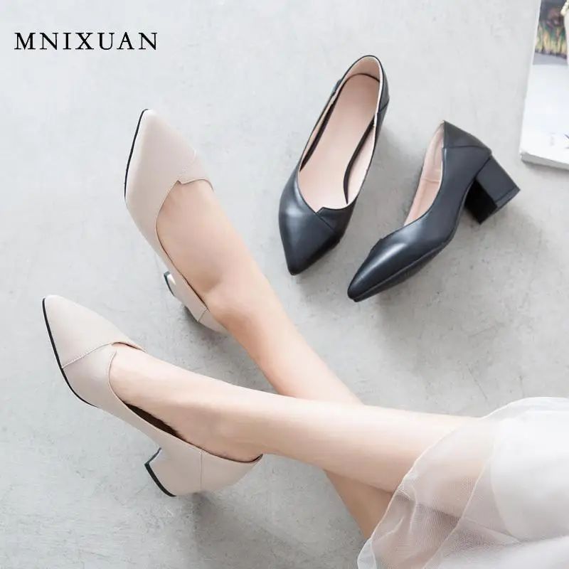 MNIXUAN Fashion Shoes 2019 Women pumps high heels autumn new slip on elegant block office ladies shoes big plus size 42 43 | Обувь