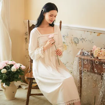 

Autumn Ladies Long-sleeve Nightdress Square Neck Cotton Princess Style Sleeping-dress Sweet Loose Stitching Homewear Nightgown