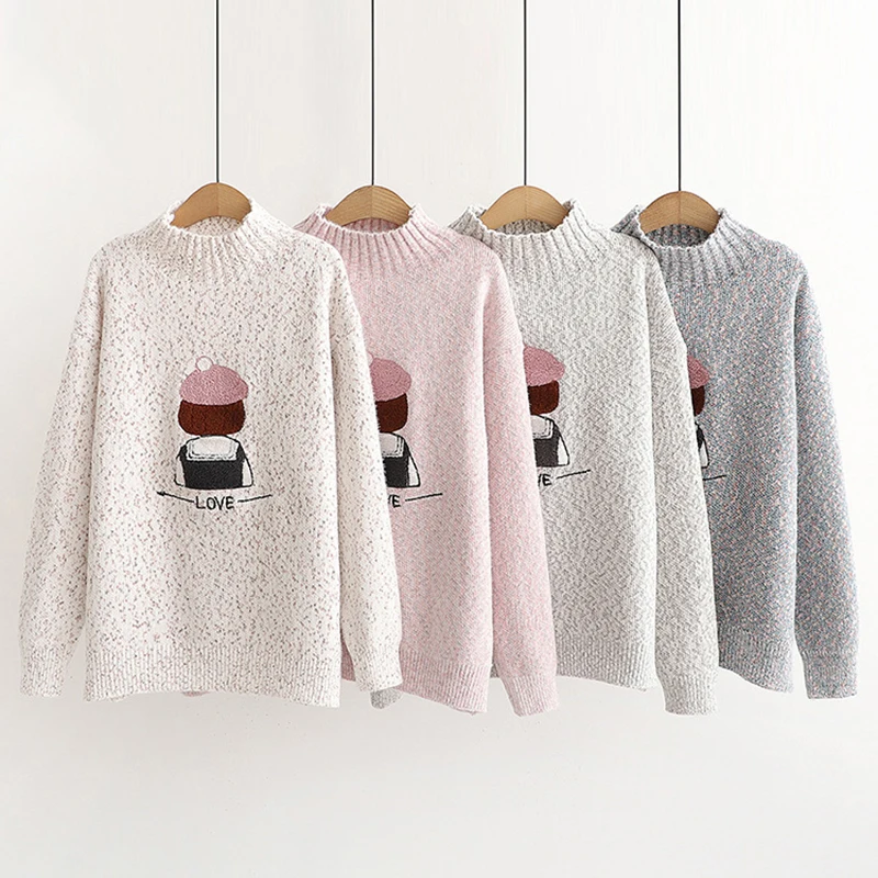 

Autumn Winter Women Sweater Pullovers Cartoon Embroidery Mock Neck Knit Jumpers Female 2021 Winter Warm Base Sweater