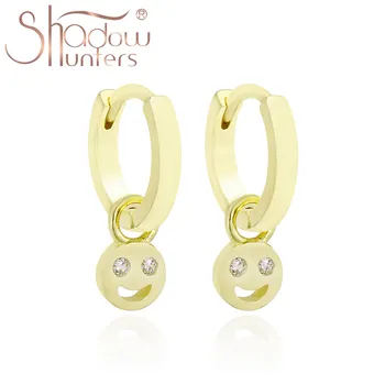 

SHADOWHUNTERS Women 925 Sterling Silver Cute Smiley Huggie Hoop Earrings with Zircon Eyes Removable DIY Smile Earrings Yellow