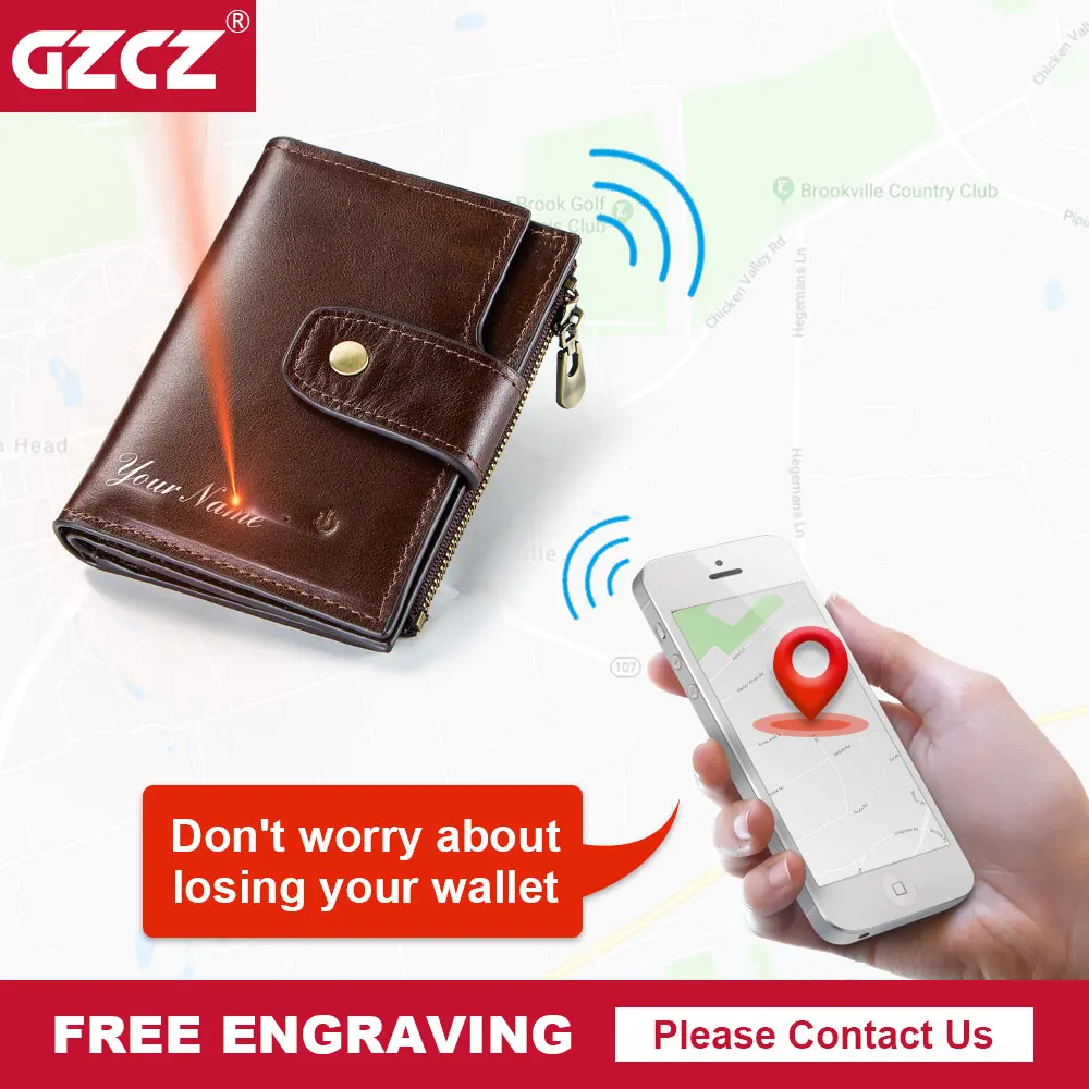

GZCZ Smart Wallet Rfid Genuine Leather with alarm GPS Map Bluetooth Alarm Men Purse Male Money Bag Card Holder Free Engraving
