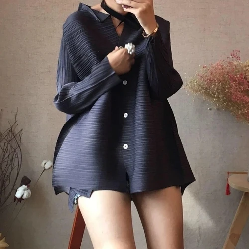 Purple Grey Новые модные женские туфли пальто свободная плиссированная ИССЕЙ Винтаж Однобортный, с воротником-стойкой Длинные рукава Топы в течение 45 кг-75 кг - Цвет: Purple Grey
