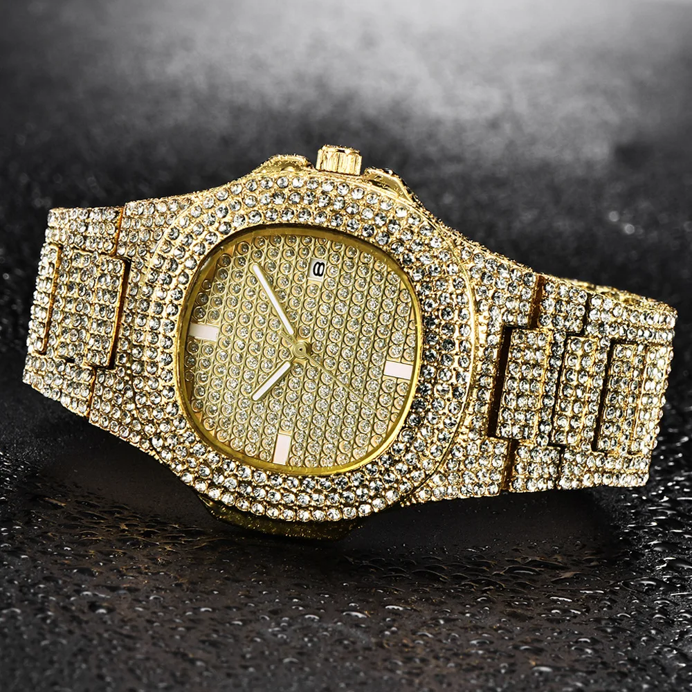 3pcs Iced Out Watch Necklace Bracelet Men Luxury Diamond Date Gold Watch Men Bling Hip Hop Middle Finger Pendant Chains Jewelry