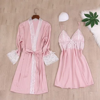 

Women 2PCS Robe Set Bride Bridesmaid Wedding Gown Lace Kimono Bathrobe Gown Hoewear Satin Sexy Sleepwear Home Dressing Gown