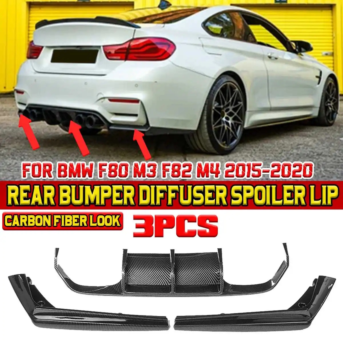 Black/Carbon Fiber Look Rear Bumper Diffuser Spoiler Lip Splitter For BMW F80 M3 F82 M4 2015-2020 Protector Guard | Автомобили и